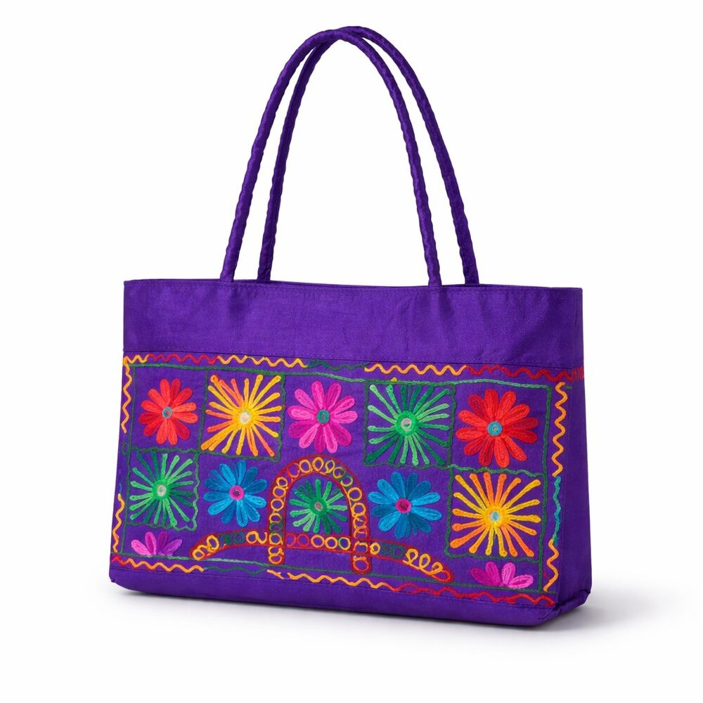 Purple Embroidered Tote Bag Floral Ethnic Boho Shoulder Bag Large Cotton Bag